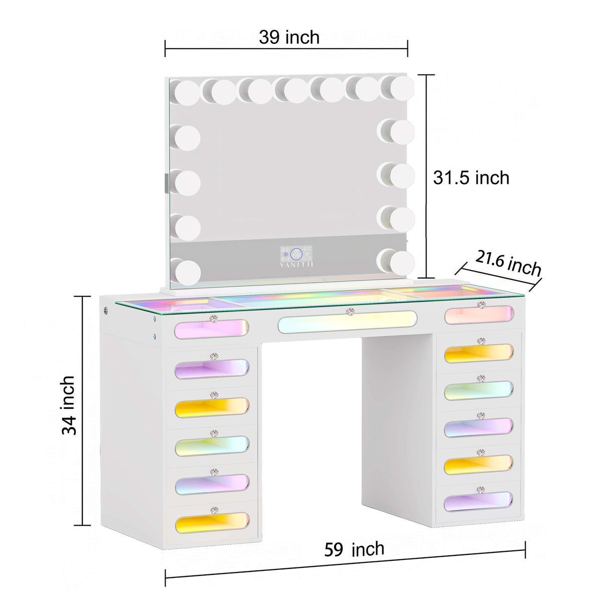 VANITII Priscilla Makeup Vanity Desk Set With 13 Drawers & 15 LED Bulbs Mirror
