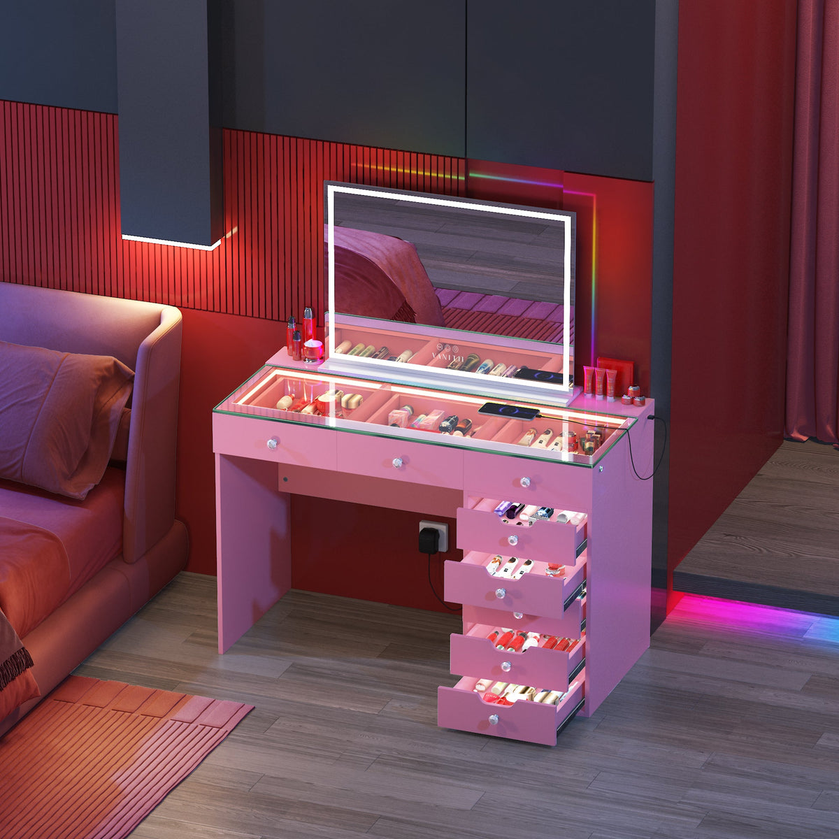 Vanitii Diana vanity desk with light and eight storage drawers in a bedroom setting