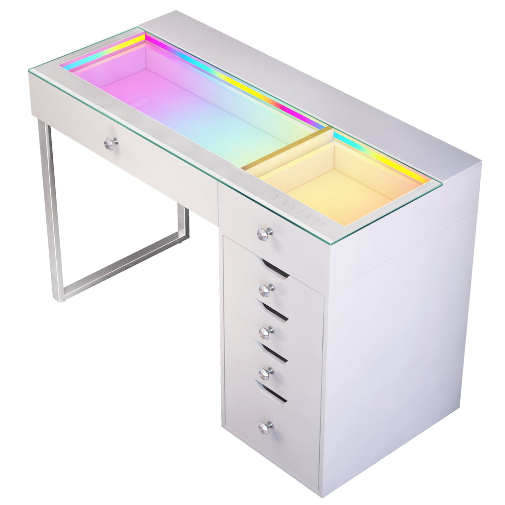 Vanitii Diana RGB vanity desk with glass top and six storage drawers