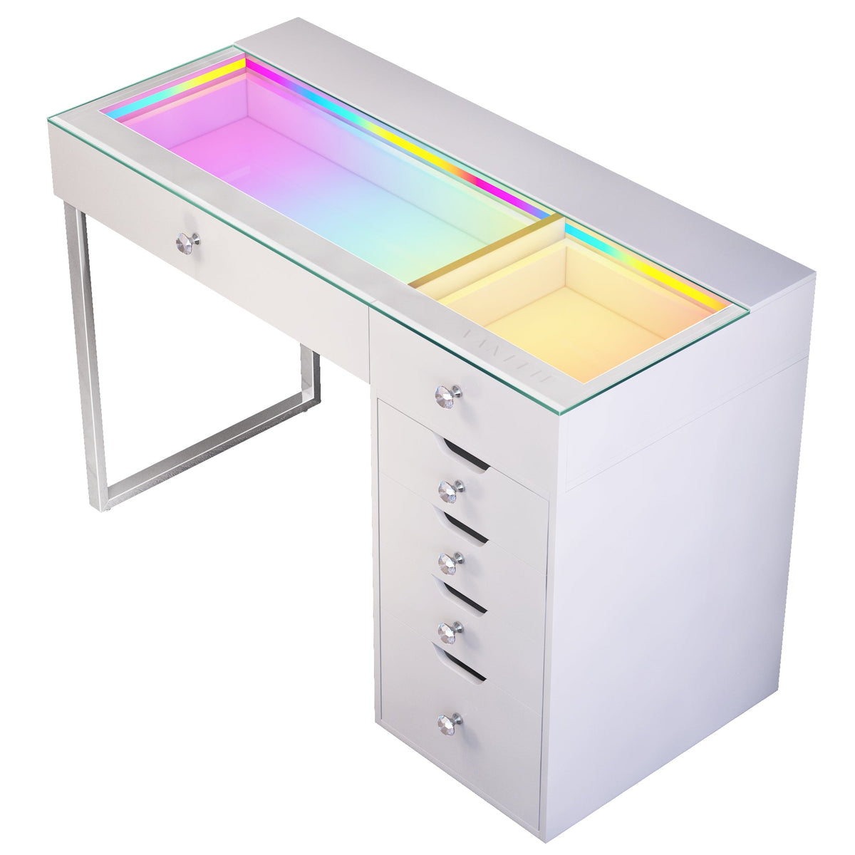 Vanitii Diana RGB vanity desk with glass top and six storage drawers