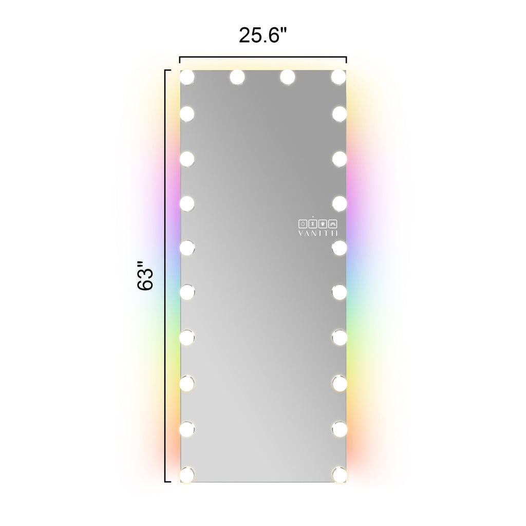 Vanitii full length Hollywood vanity mirror with LED bulbs and Bluetooth speaker measuring 25.6 inches by 63 inches