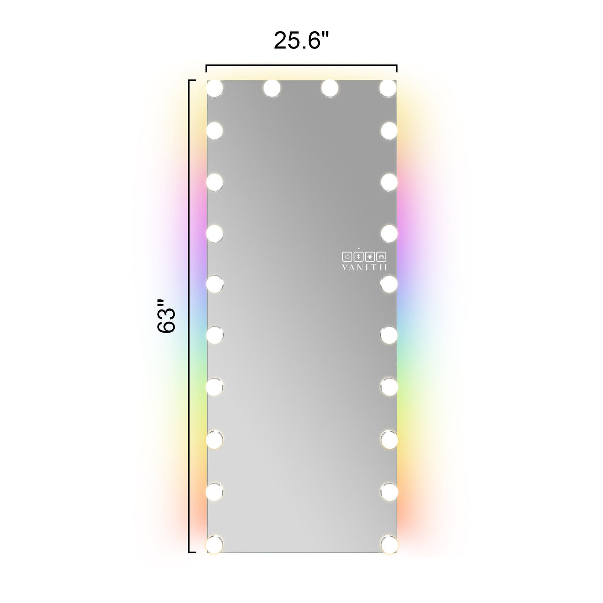 Vanitii full length Hollywood vanity mirror with LED bulbs and Bluetooth speaker measuring 25.6 inches by 63 inches