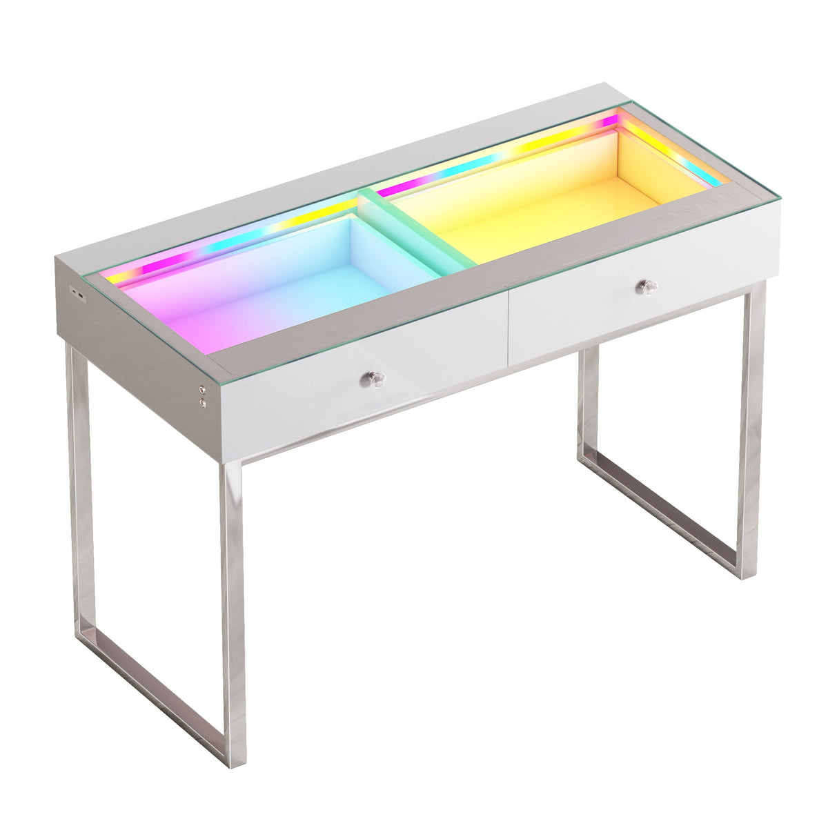 Vanitii Alice RGB vanity desk with glass top and two storage drawers featuring internal colorful LED lighting