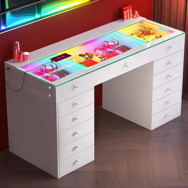 VANITII Eva-RGB Vanity Desk with 13 Storage Drawers（VNT-EVA(IVY-TOP)-RGB-WHT-A）