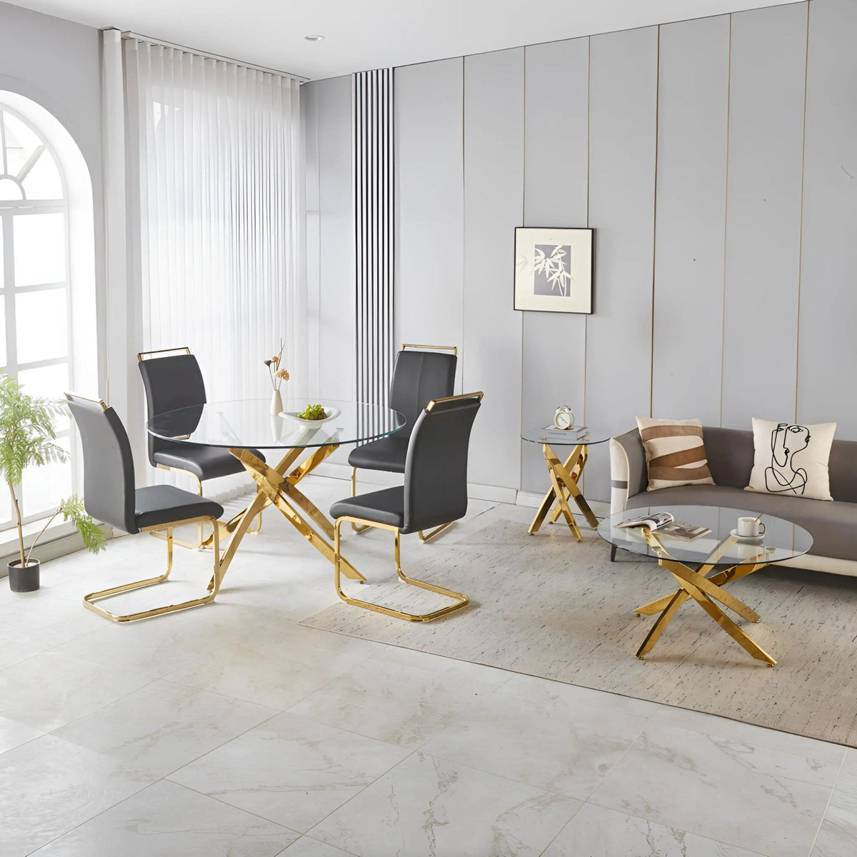 35.43" Round Coffee Table, 8MM Clear Tempered Glass Top with Golden Crossed Metal Base, Easy to Clean