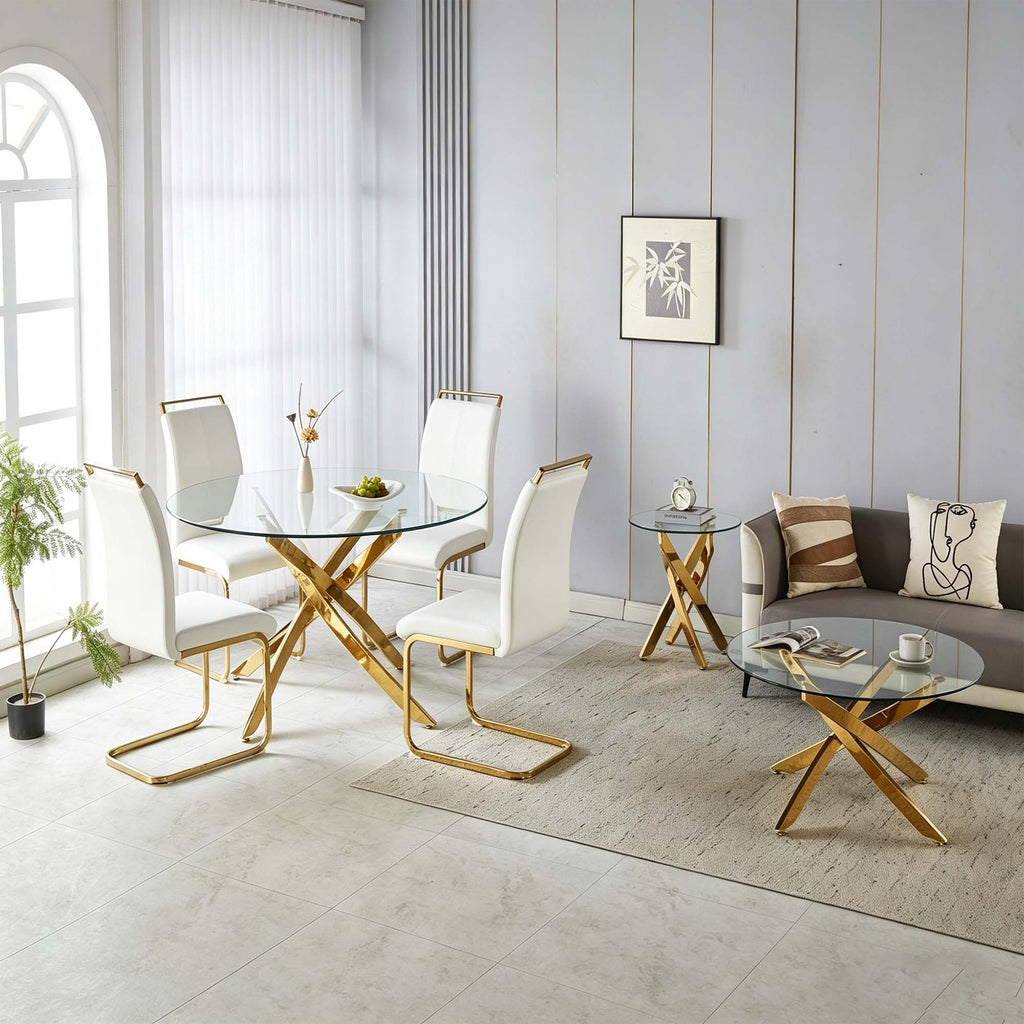 19.69" Round End Table, 8MM Clear Tempered Glass Top with Golden Crossed Metal Base, Easy to Clean