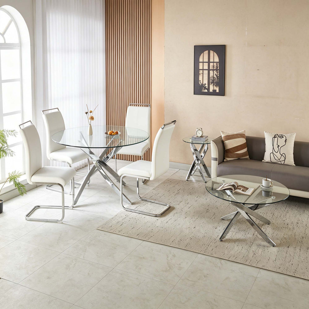 35.43" Round Coffee Table, 8MM Clear Tempered Glass Top with Golden Crossed Metal Base, Easy to Clean