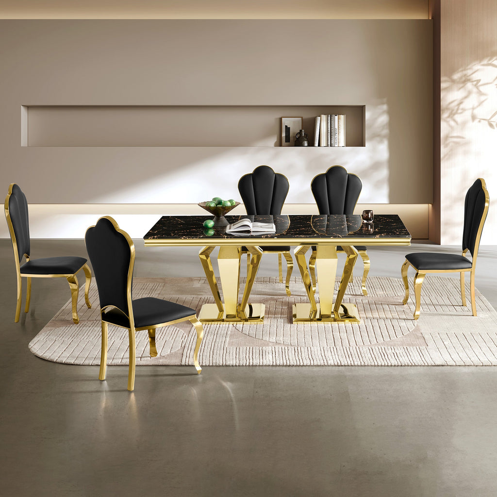 Modern Black Marble Dining Table with 201 Stainless Steel Gold Frame, 6-Person