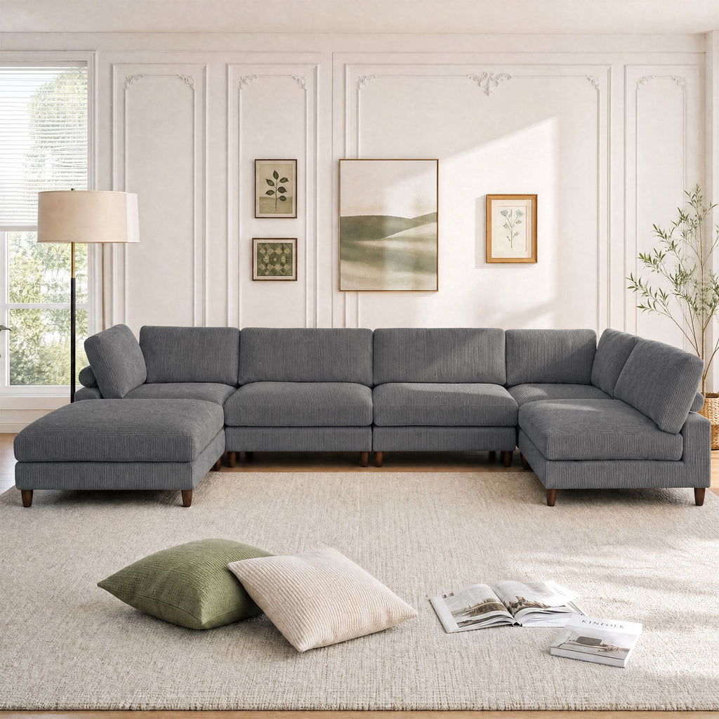 Solid Wood Frame Corduroy Modular Sofa Gray