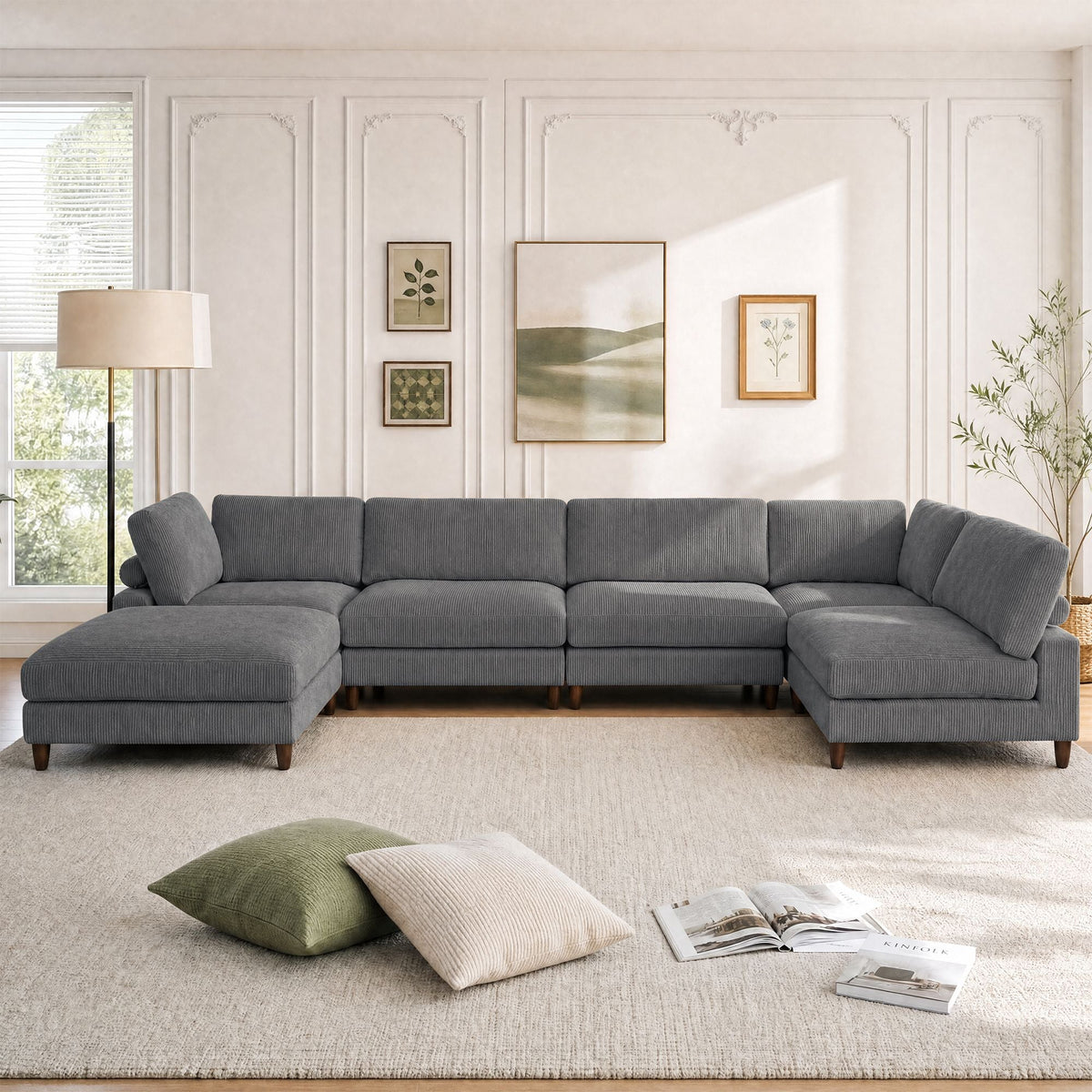 Solid Wood Frame Corduroy Modular Sofa Gray