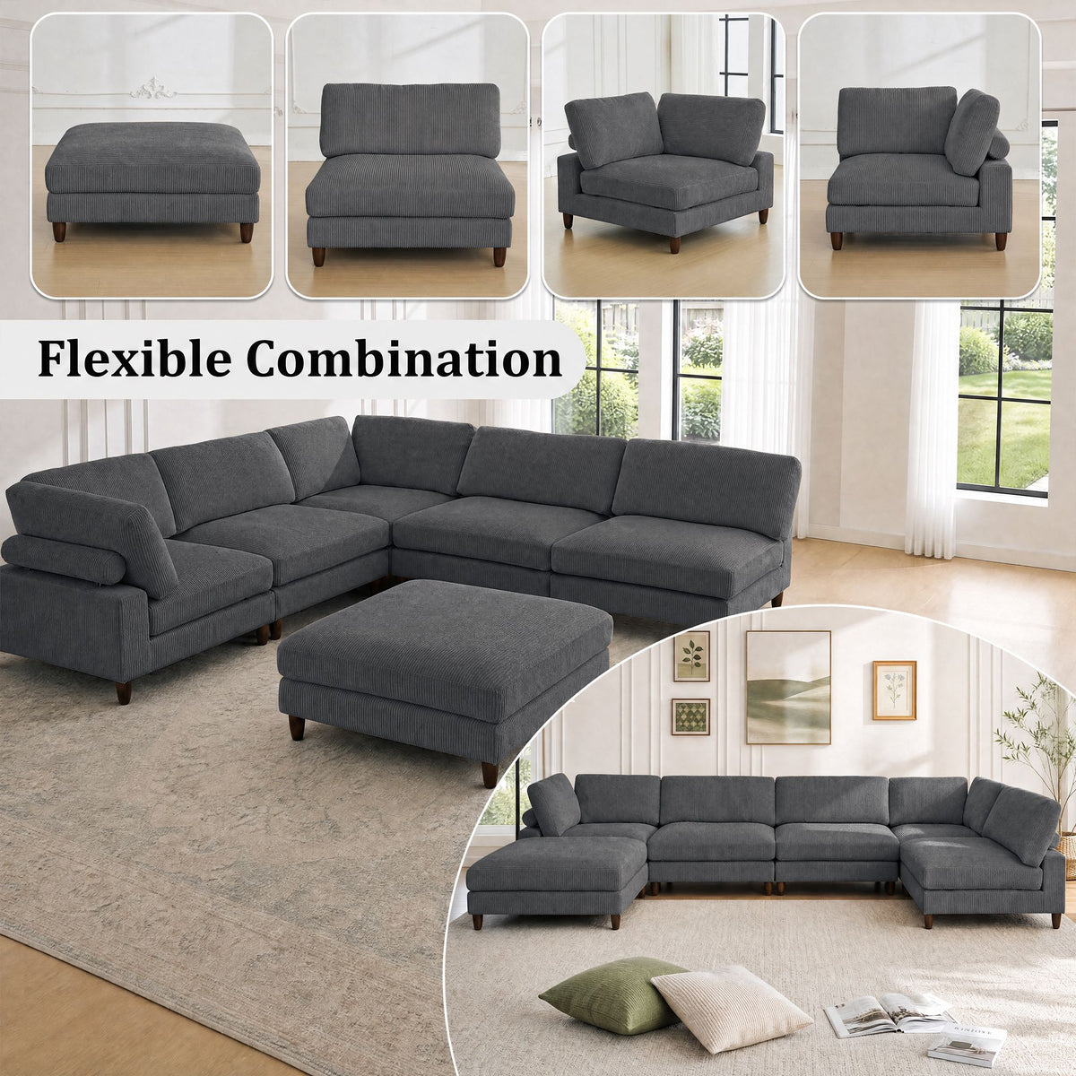 Solid Wood Frame Corduroy Modular Sofa Gray