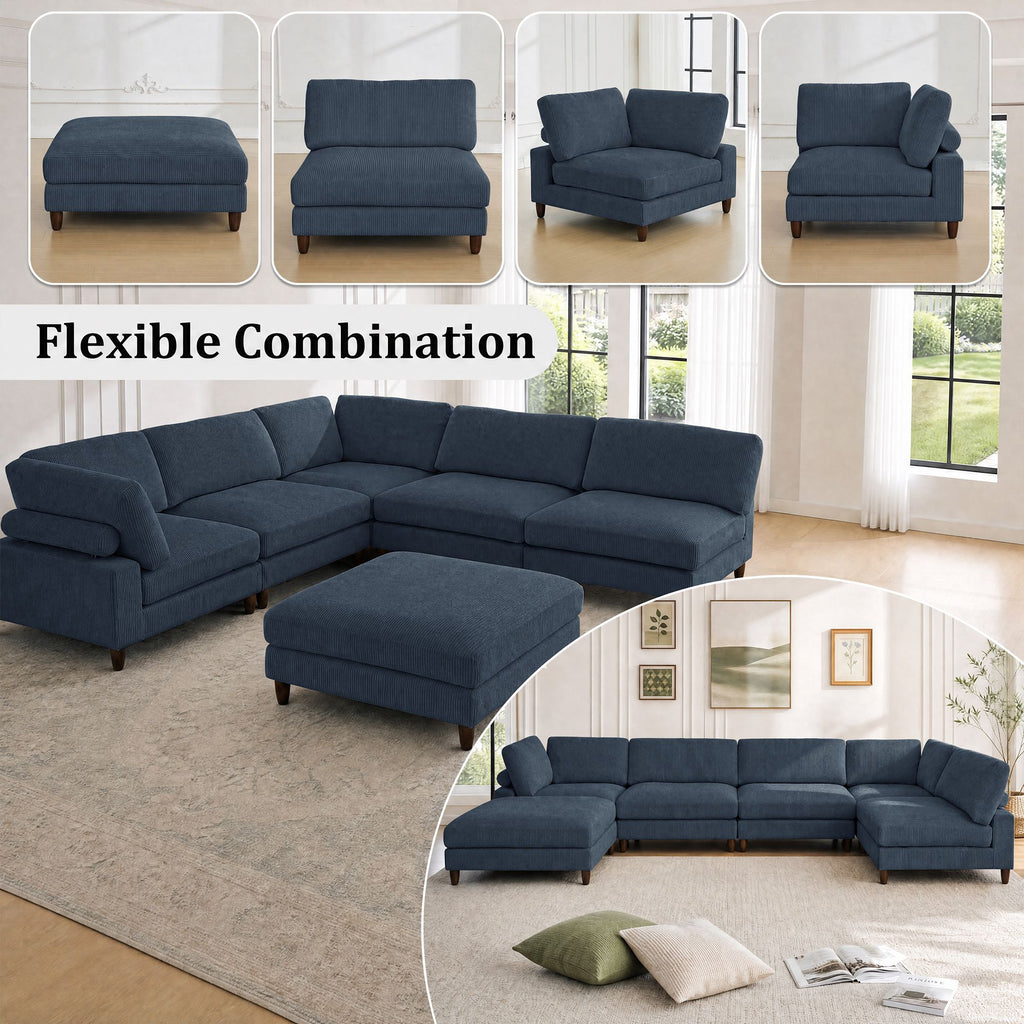 Solid Wood Frame Corduroy Modular Sofa Blue