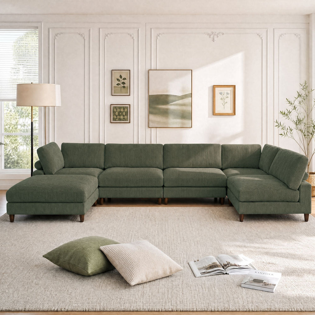 Solid Wood Frame Corduroy Modular Sofa Green