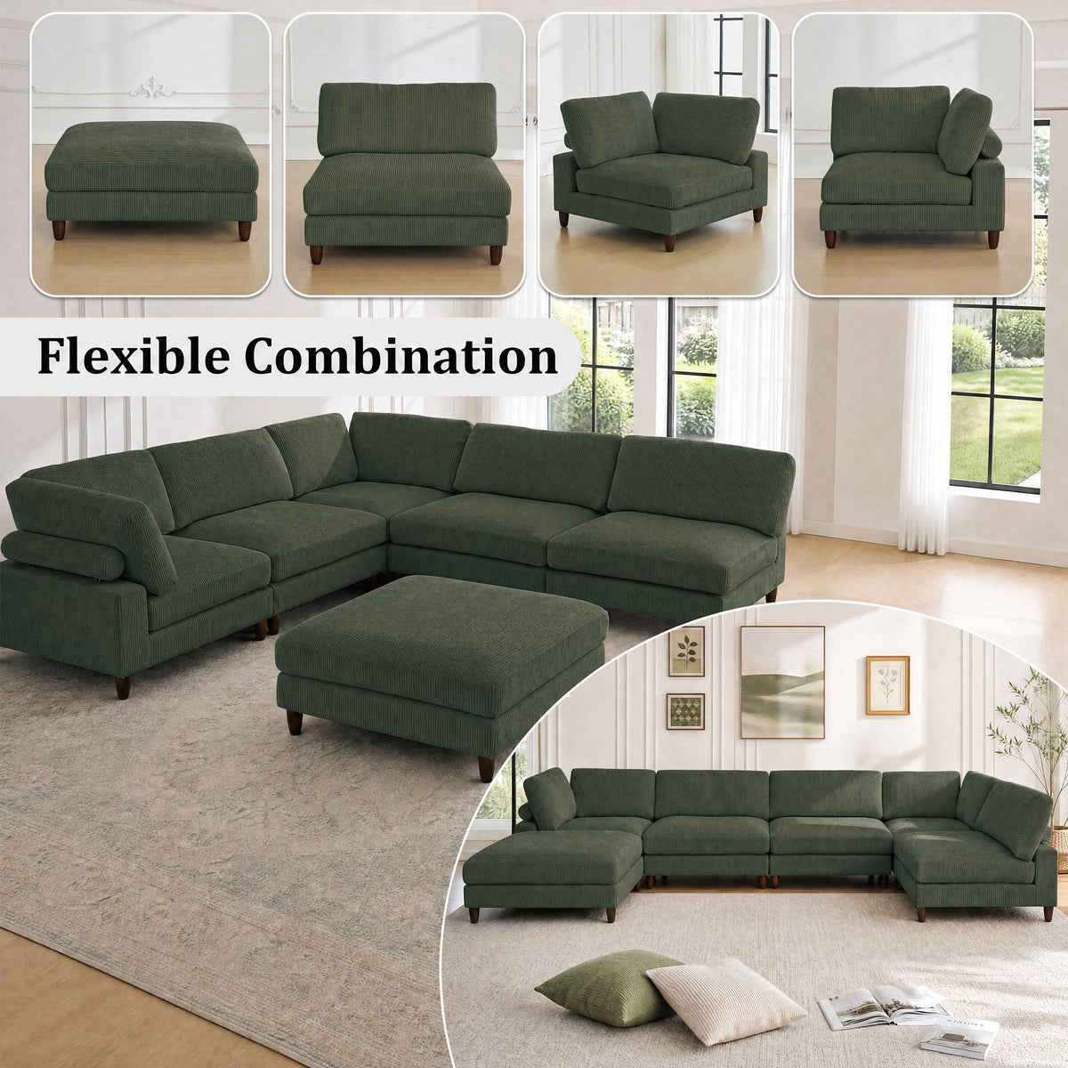 Solid Wood Frame Corduroy Modular Sofa Green