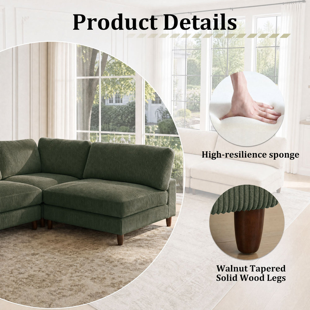 Solid Wood Frame Corduroy Modular Sofa Green