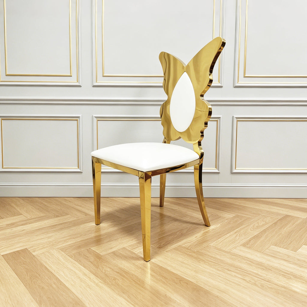Dining Chairs And Kitchen Chairs 4pcs/CTN, Modern Upholstered PU Leather Accent Chair with Stainless Steel Back And Legs, Gold