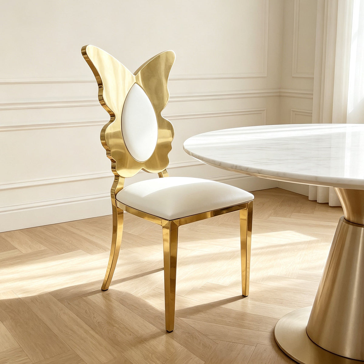 Dining Chairs And Kitchen Chairs 4pcs/CTN, Modern Upholstered PU Leather Accent Chair with Stainless Steel Back And Legs, Gold