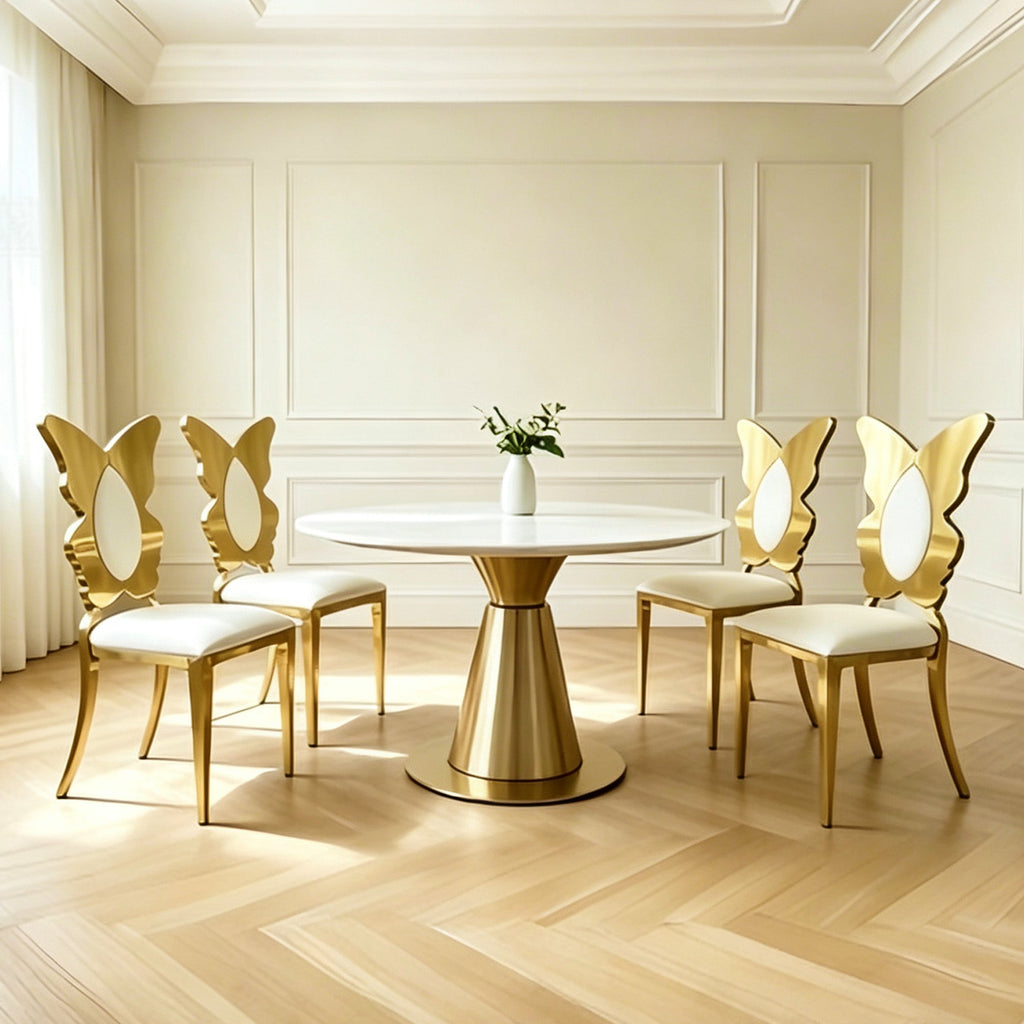 Dining Chairs And Kitchen Chairs 4pcs/CTN, Modern Upholstered PU Leather Accent Chair with Stainless Steel Back And Legs, Gold