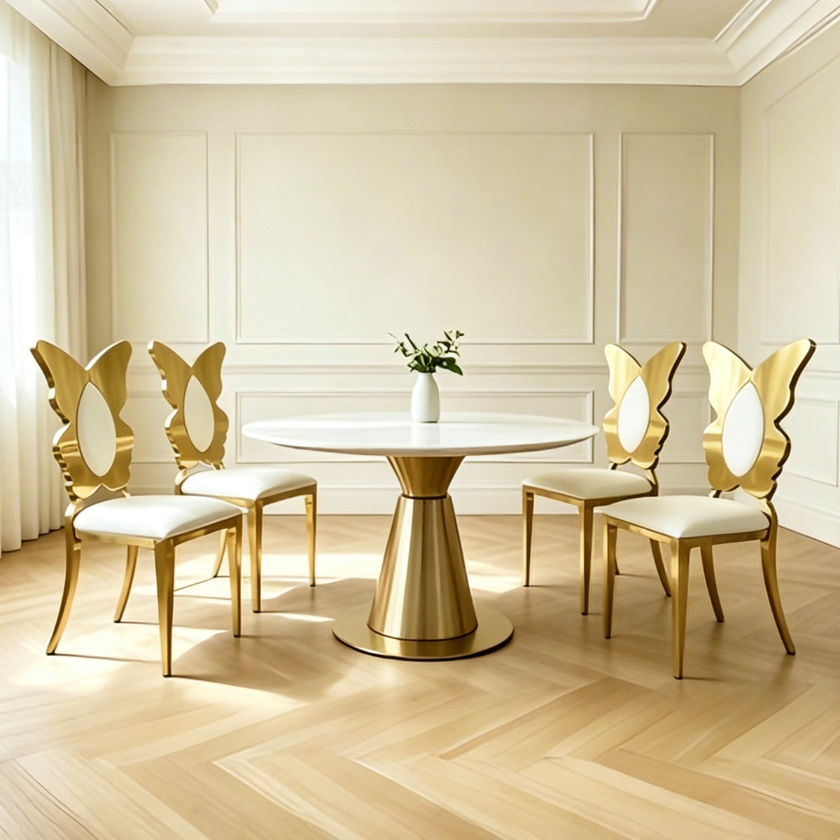 Dining Chairs And Kitchen Chairs 4pcs/CTN, Modern Upholstered PU Leather Accent Chair with Stainless Steel Back And Legs, Gold