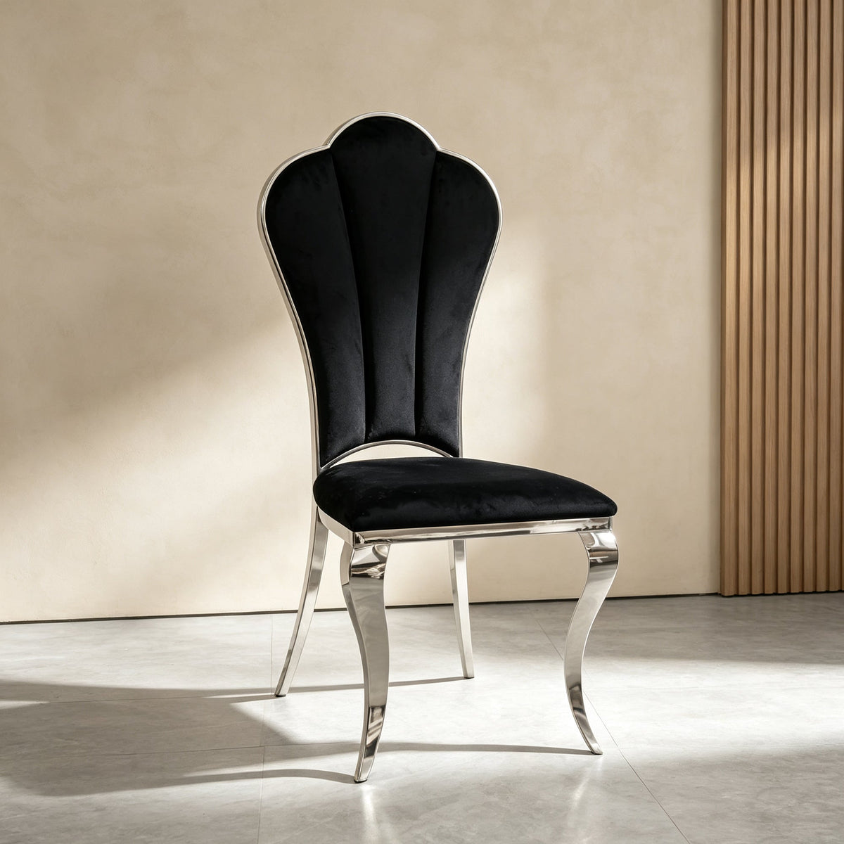 Black and Silver Dining Chairs 4pcs/CTN, Upholstered High Back Dining Chairs with Mirrored Stainless Steel Backrest and Legs.
