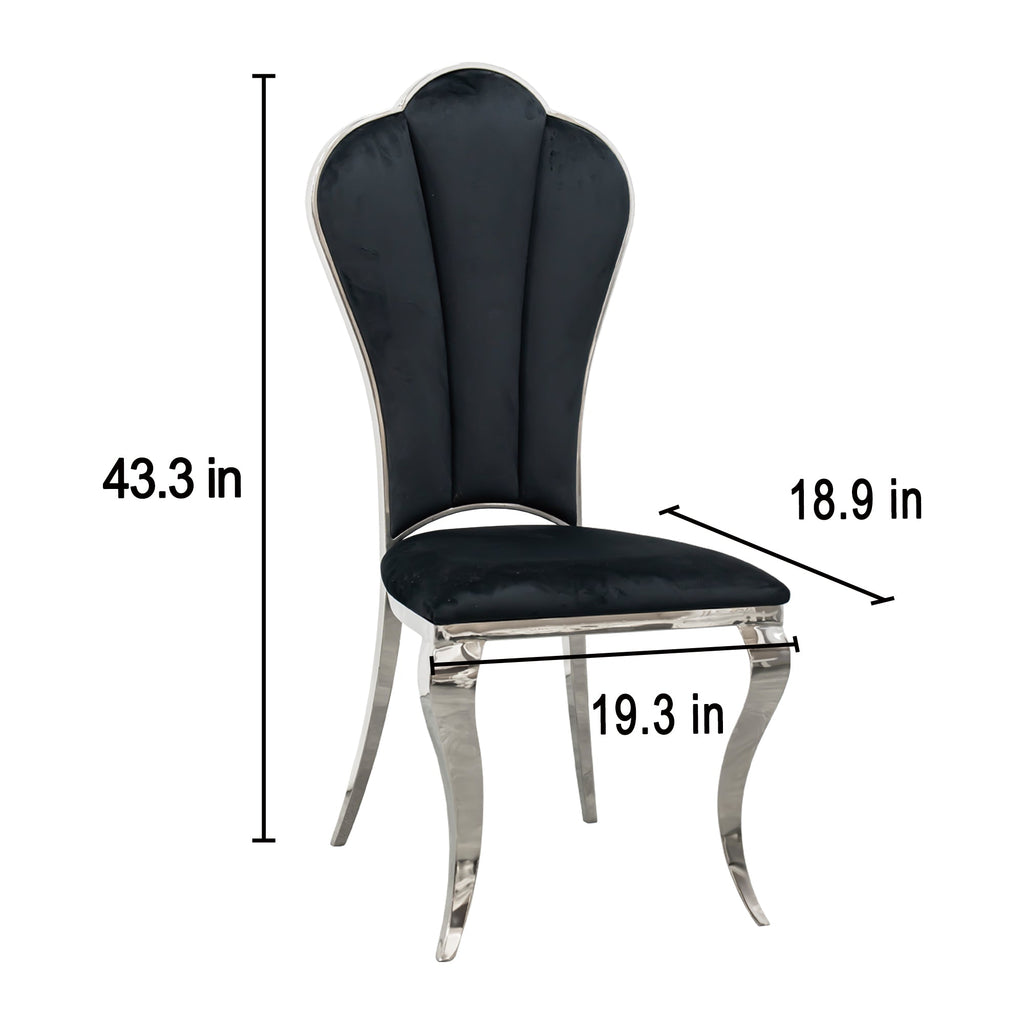 Black and Silver Dining Chairs 4pcs/CTN, Upholstered High Back Dining Chairs with Mirrored Stainless Steel Backrest and Legs.