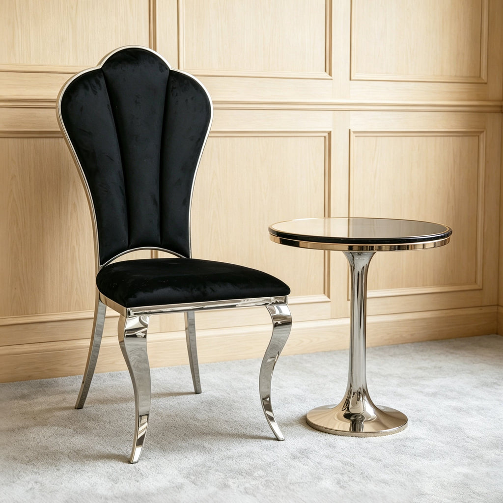 Black and Silver Dining Chairs 4pcs/CTN, Upholstered High Back Dining Chairs with Mirrored Stainless Steel Backrest and Legs.