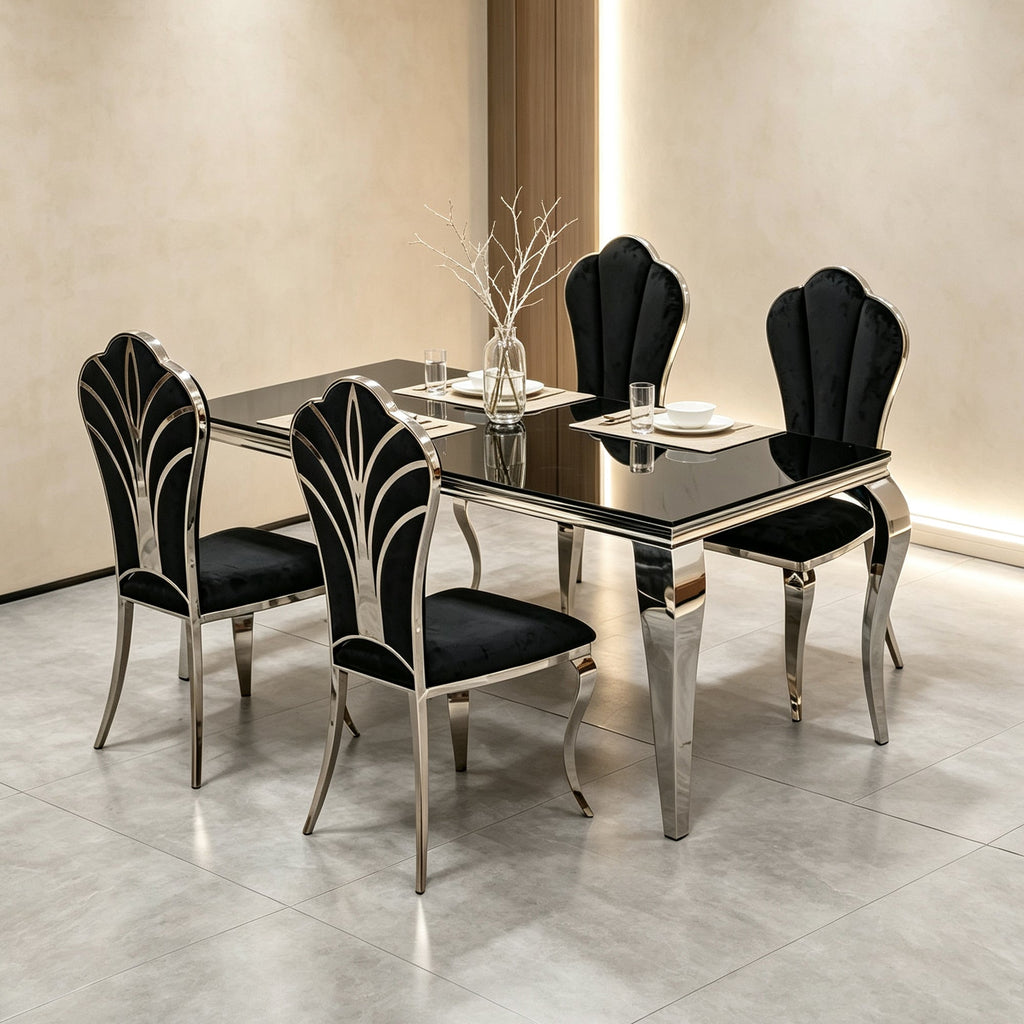 Black and Silver Dining Chairs 4pcs/CTN, Upholstered High Back Dining Chairs with Mirrored Stainless Steel Backrest and Legs.