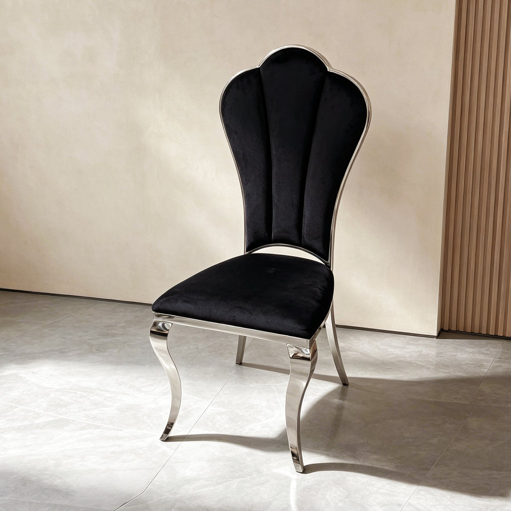 Black and Silver Dining Chairs 4pcs/CTN, Upholstered High Back Dining Chairs with Mirrored Stainless Steel Backrest and Legs.