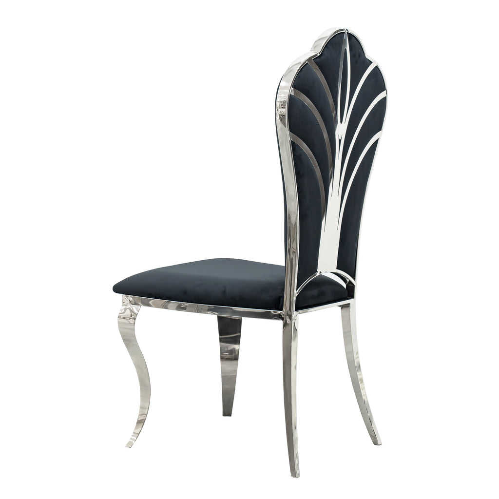 Black and Silver Dining Chairs 4pcs/CTN, Upholstered High Back Dining Chairs with Mirrored Stainless Steel Backrest and Legs.
