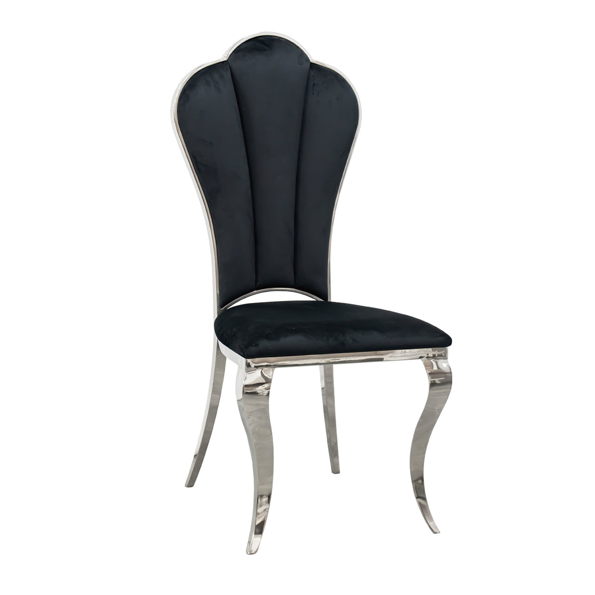 Black and Silver Dining Chairs 4pcs/CTN, Upholstered High Back Dining Chairs with Mirrored Stainless Steel Backrest and Legs.