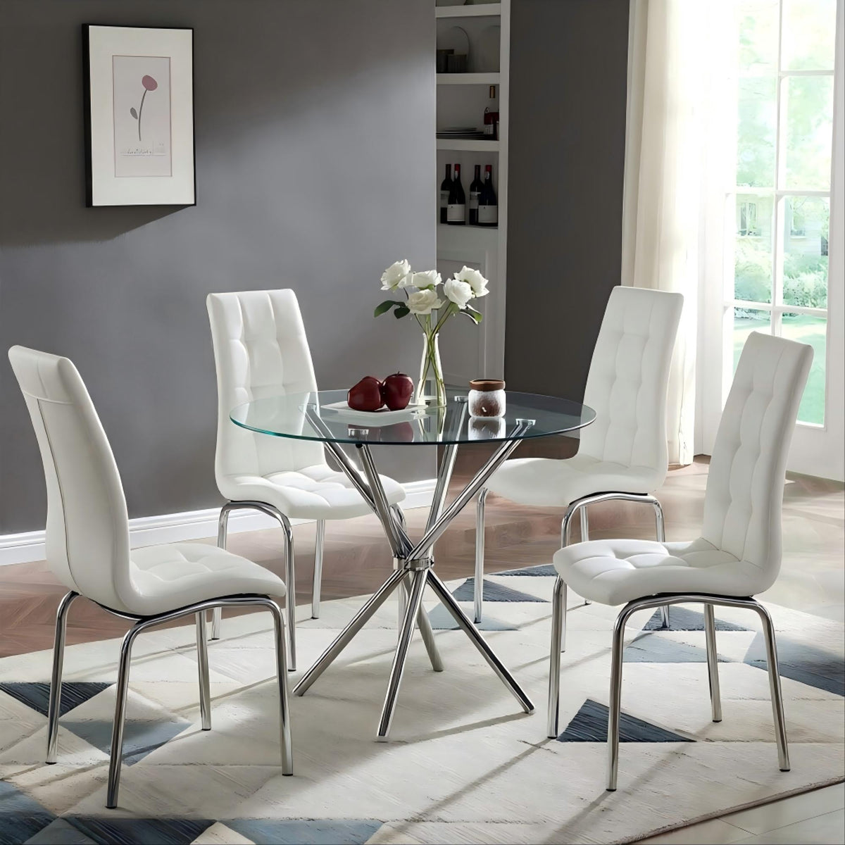 Glass Dining Table Round Kitchen Table with 4 Silver Chrome Legs-DT007