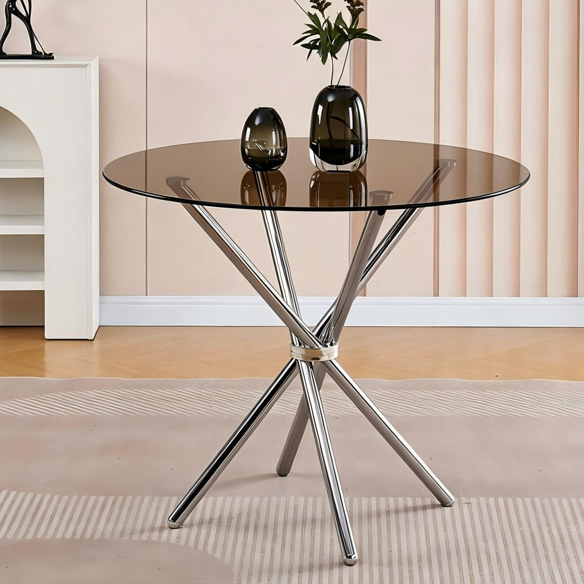 Glass Dining Table Round Kitchen Table with 4 Silver Chrome Legs-DT007