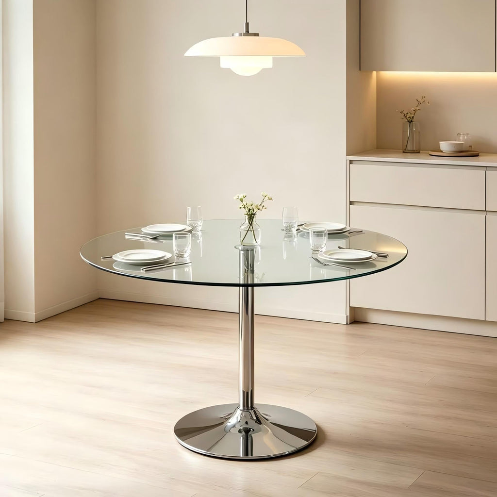 Clear Glass Round Dining Table with Chrome Metal Base-DT008