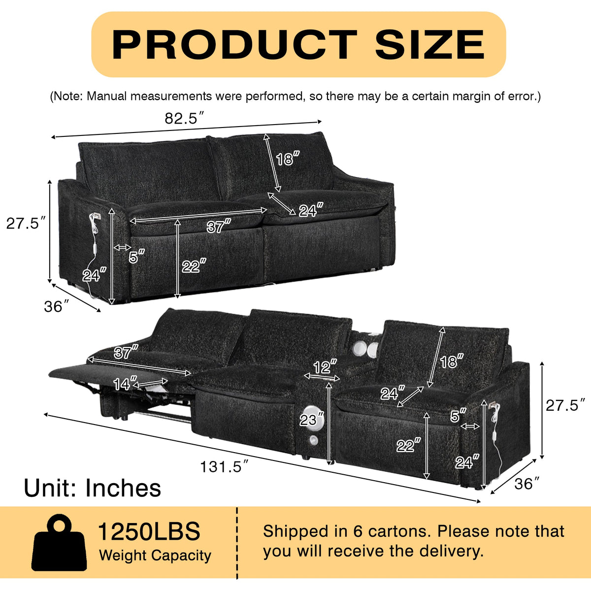 Black Electric Recliner Sofa Set--MS908-Black-2SET