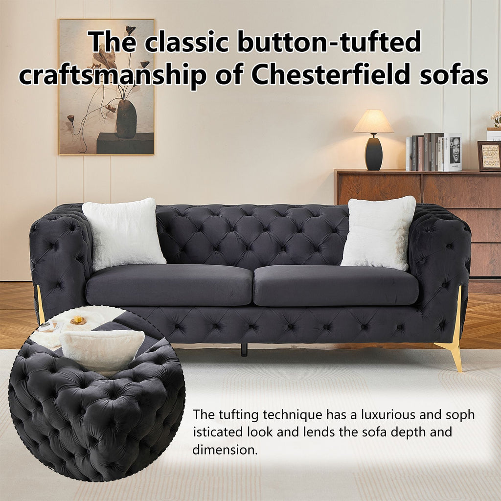 Black 3S Chesterfield Sofa, Tufted Velvet Sofa, 3 Seater Sofa, Living Room Couch, Classic Button Tuft Sofa