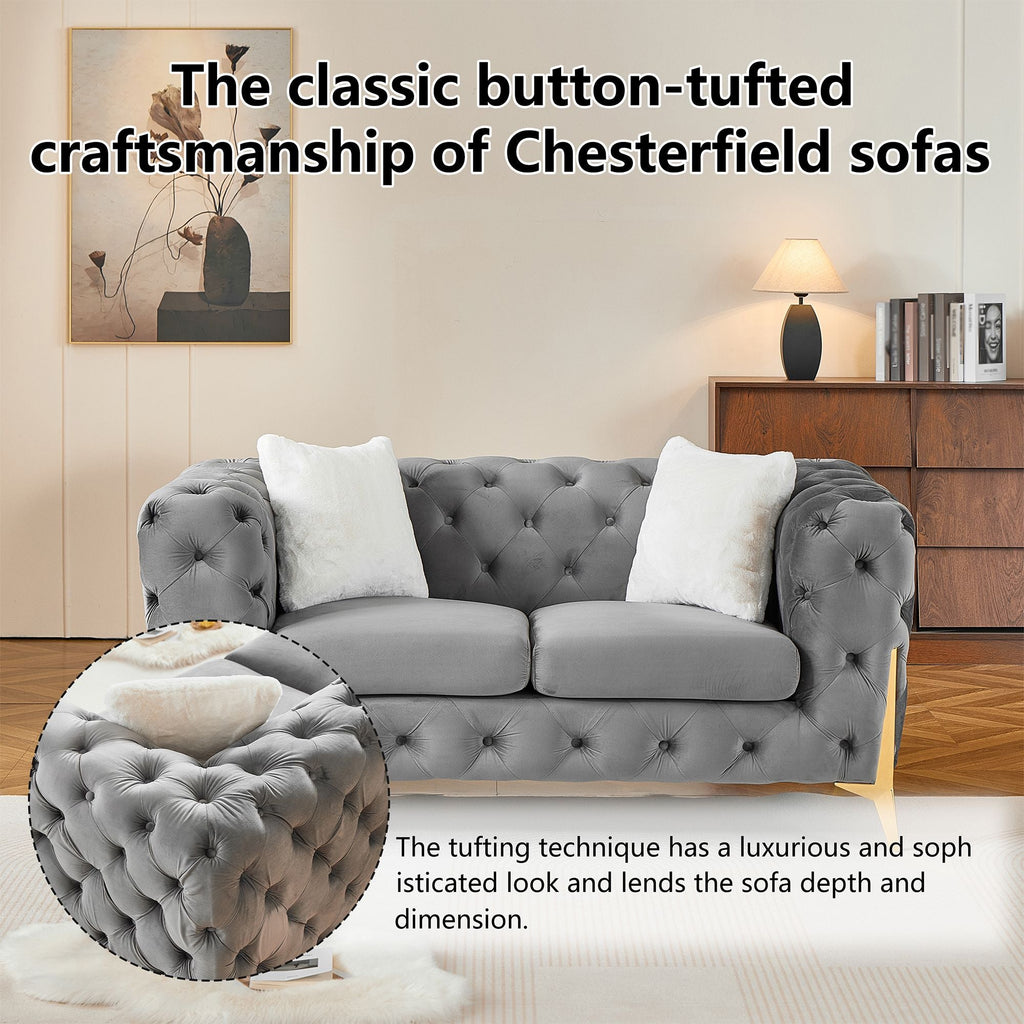 Grey 2S Chesterfield Sofa, Tufted Velvet Sofa, 2 Seater Sofa, Living Room Couch, Classic Button Tuft Sofa