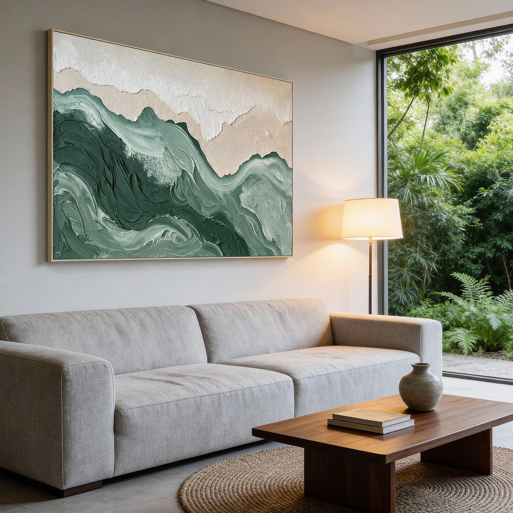Pure Handmade Abstract Green Textured Ocean Wave Linen Canvas Oil Painting
