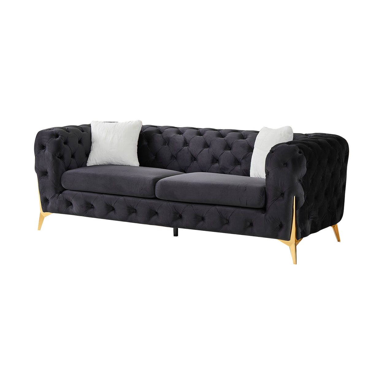 Black 3S Chesterfield Sofa, Tufted Velvet Sofa, 3 Seater Sofa, Living Room Couch, Classic Button Tuft Sofa