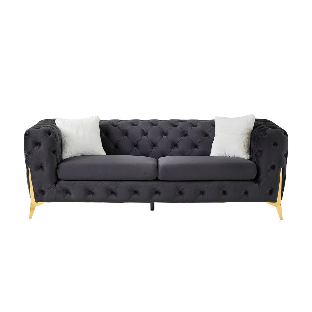 Black 3S Chesterfield Sofa, Tufted Velvet Sofa, 3 Seater Sofa, Living Room Couch, Classic Button Tuft Sofa