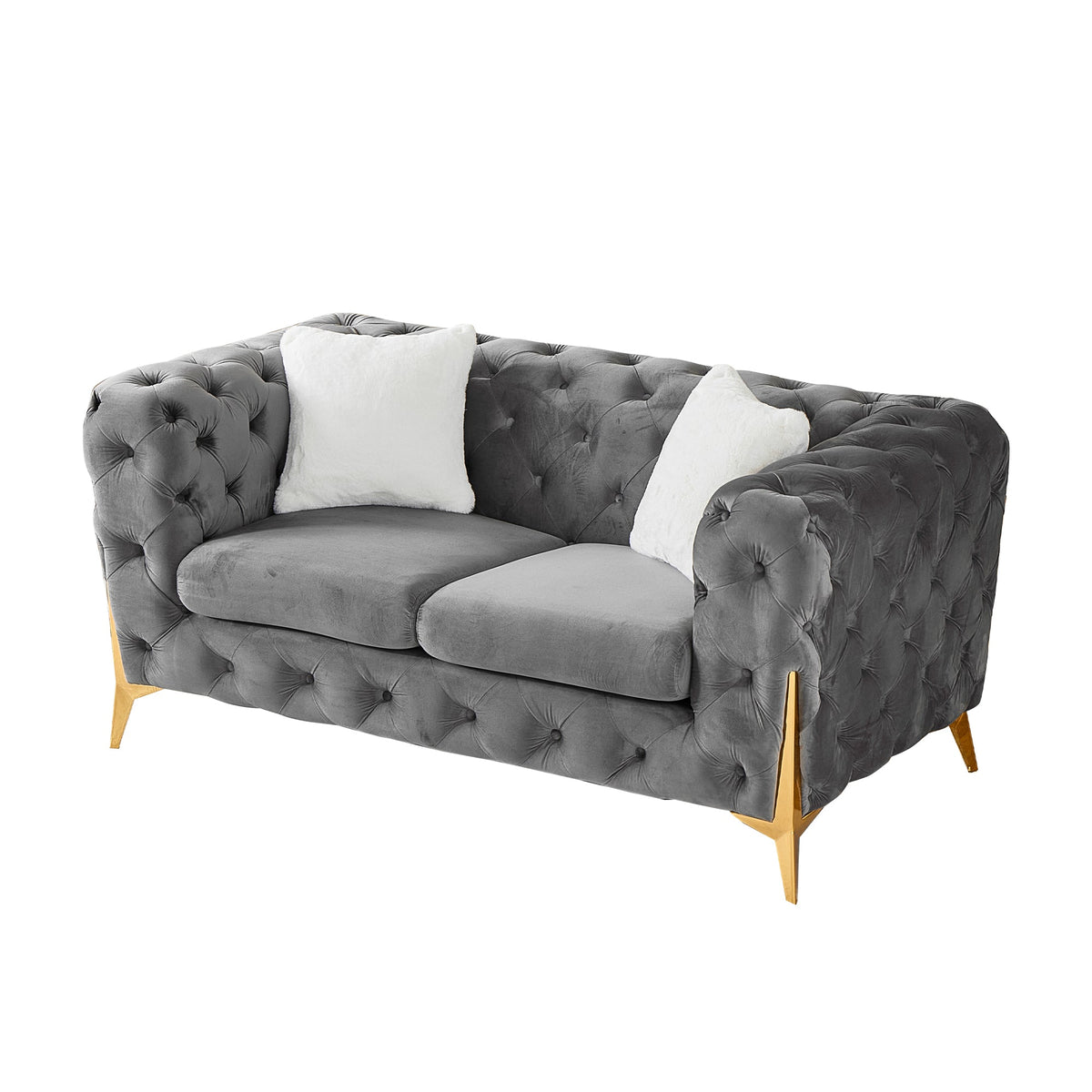 Grey 2S Chesterfield Sofa, Tufted Velvet Sofa, 2 Seater Sofa, Living Room Couch, Classic Button Tuft Sofa