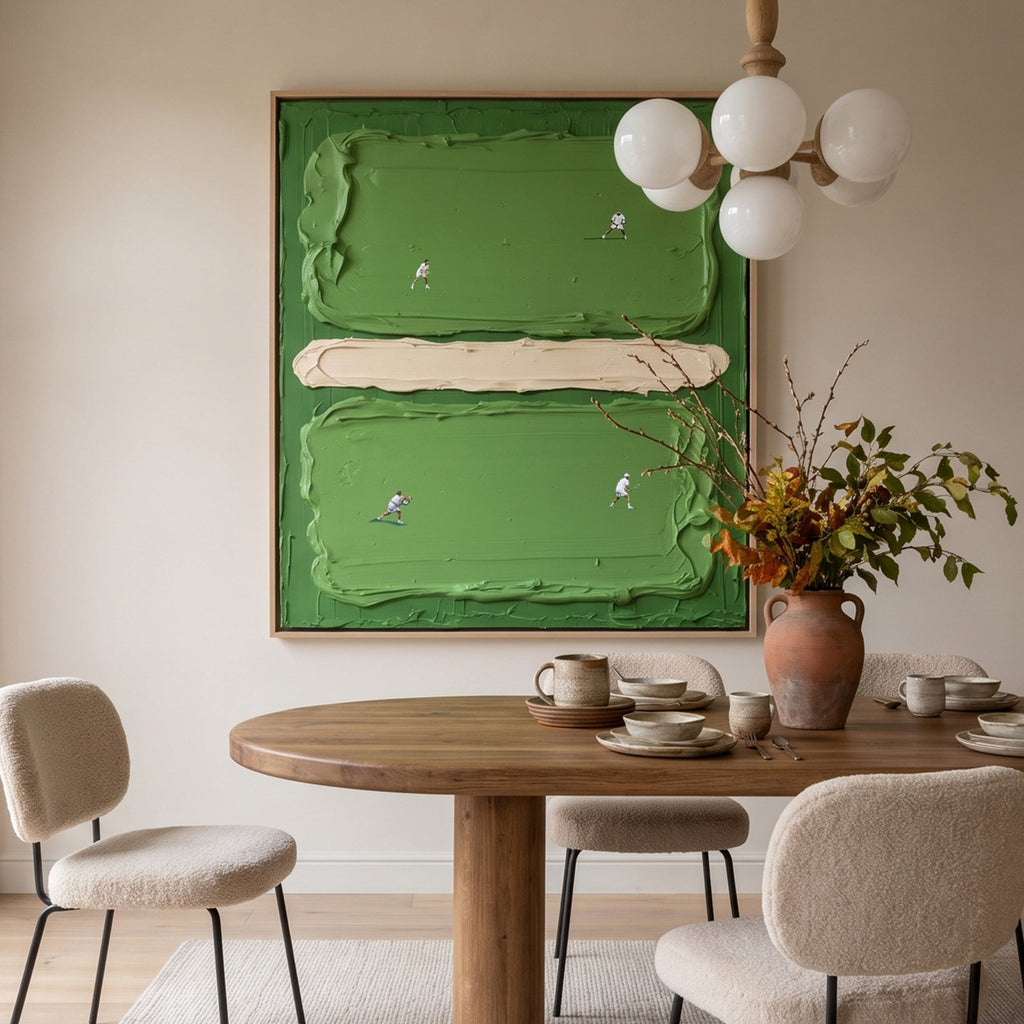 Pure Handmade Cream Green Impasto Tennis Sports Decor Canvas
