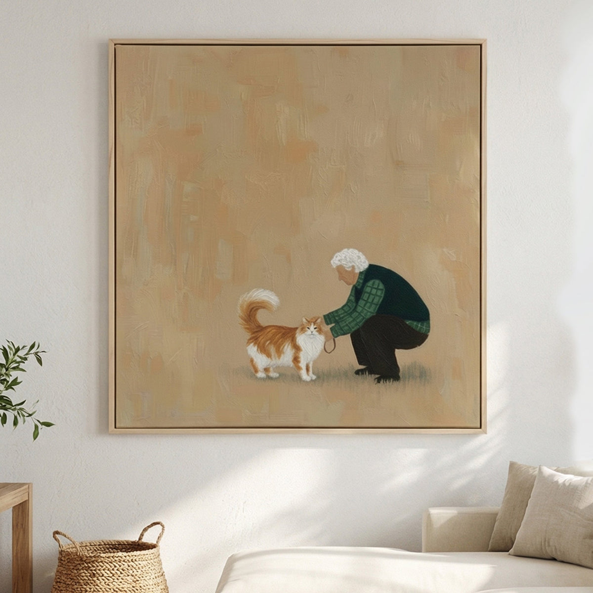 Hand Painted Wabi-Sabi Abstract Old Man and Cat Oil Painting