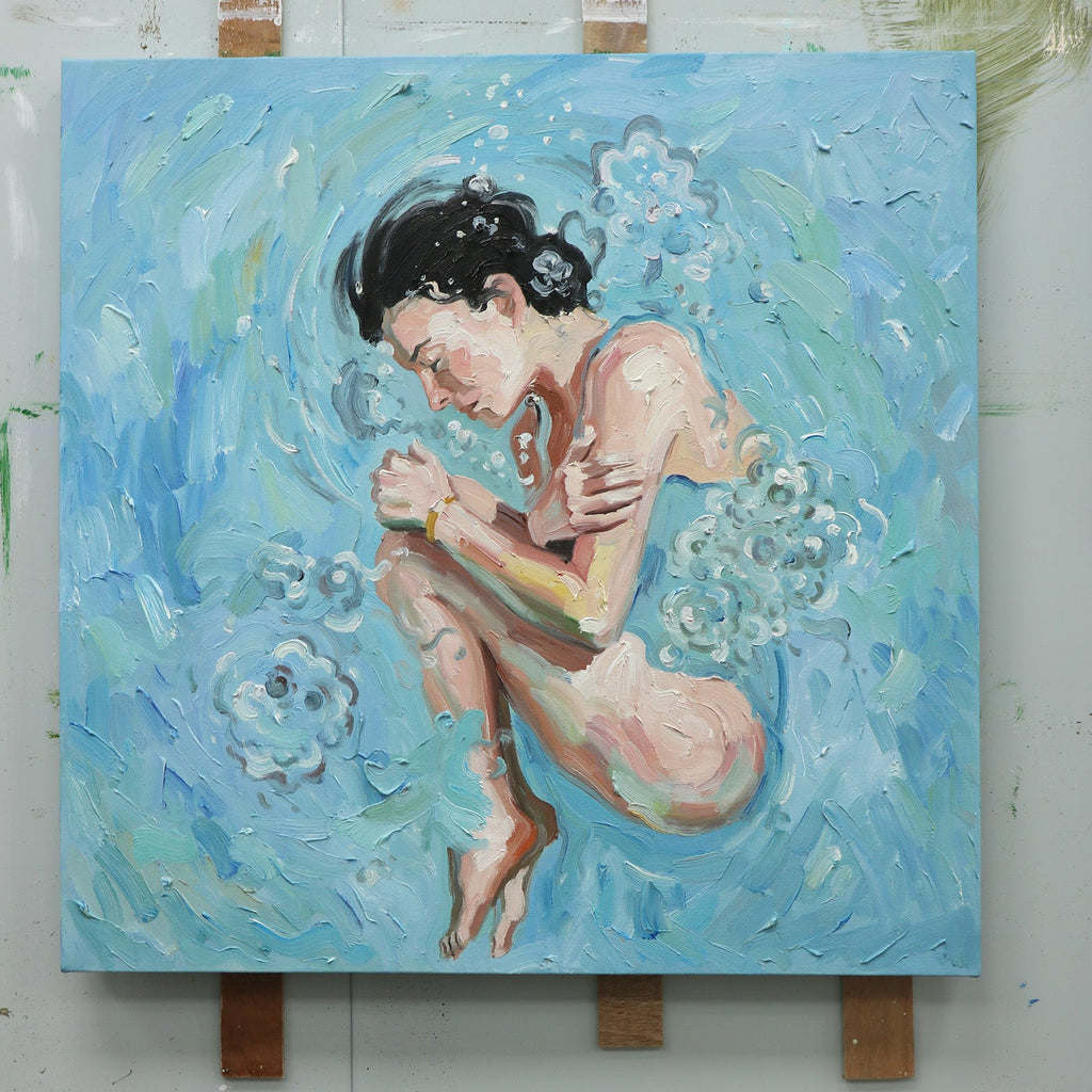 Pure Handmade Cool Blue Water Bubble Figurative Thick Impasto Square Wall Art