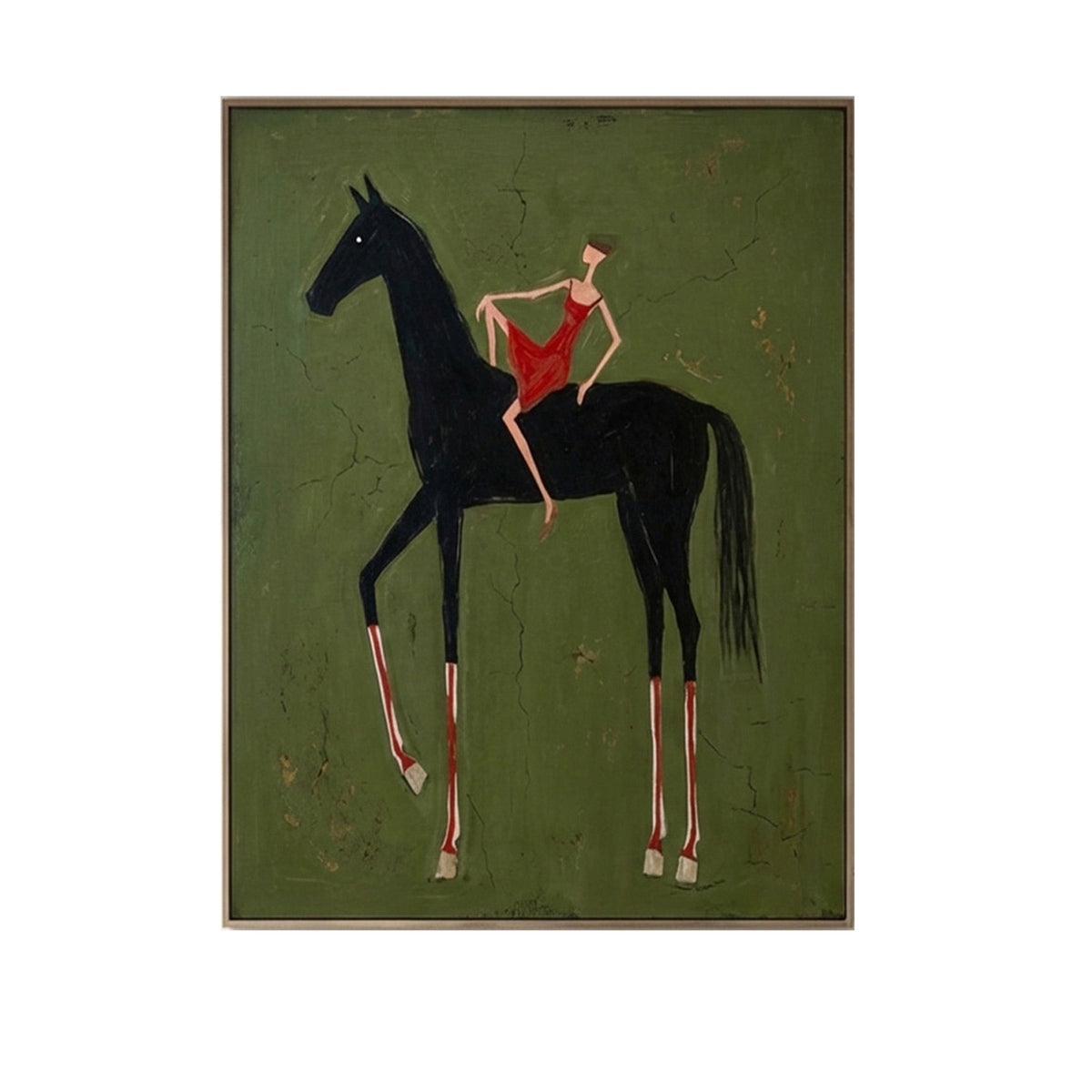 Pure Handmade Retro Olive Green Figure Horse Textured Canvas Decor