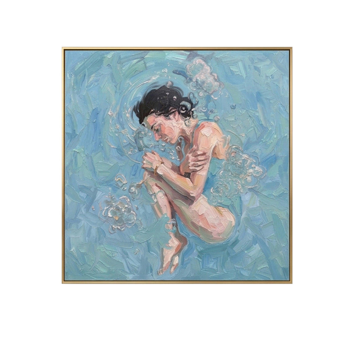 Pure Handmade Cool Blue Water Bubble Figurative Thick Impasto Square Wall Art