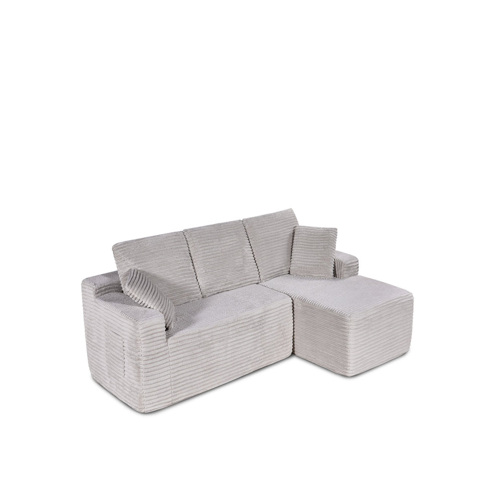 Modern Beige Corduroy L-Shape Sectional Sofa - Modular Cloud Couch with Chaise