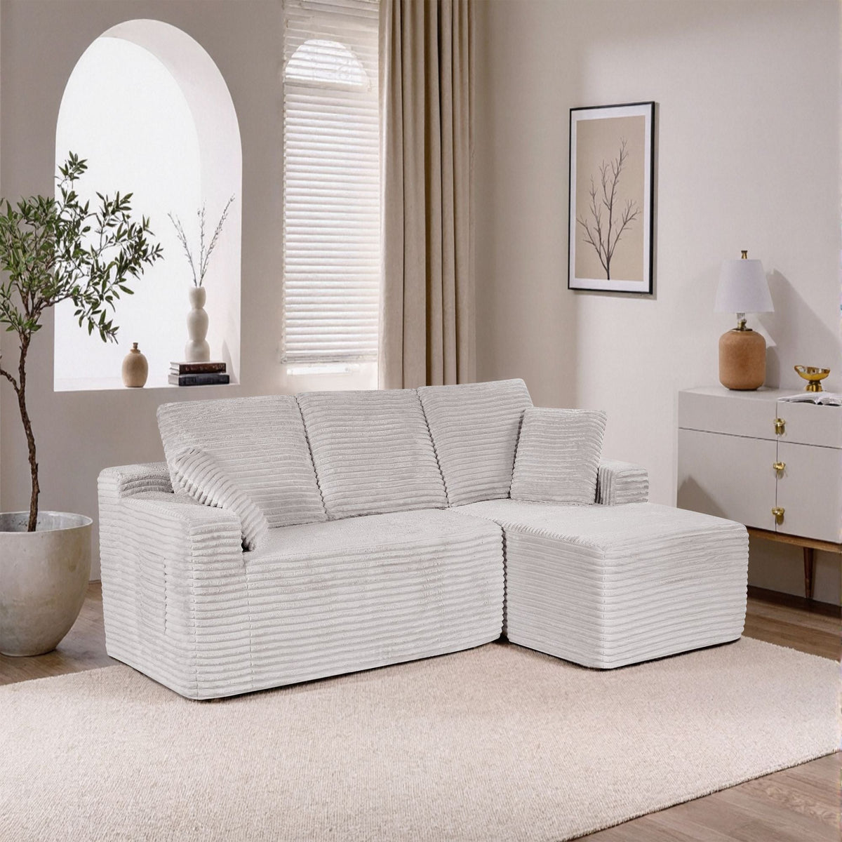 Modern Beige Corduroy L-Shape Sectional Sofa - Modular Cloud Couch with Chaise