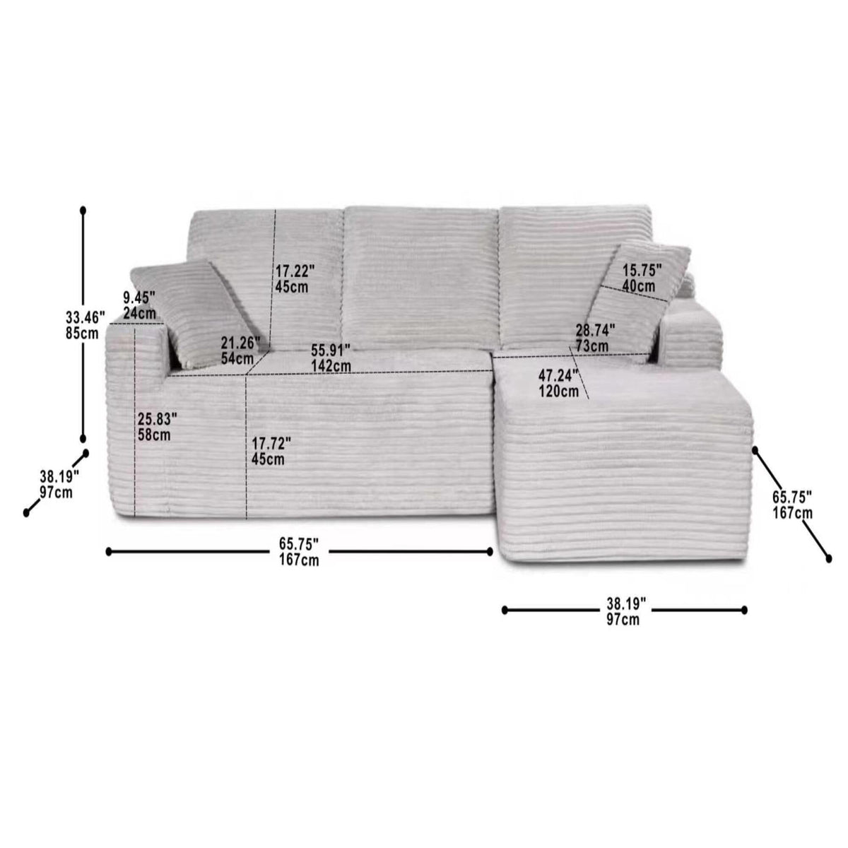 Modern Beige Corduroy L-Shape Sectional Sofa - Modular Cloud Couch with Chaise