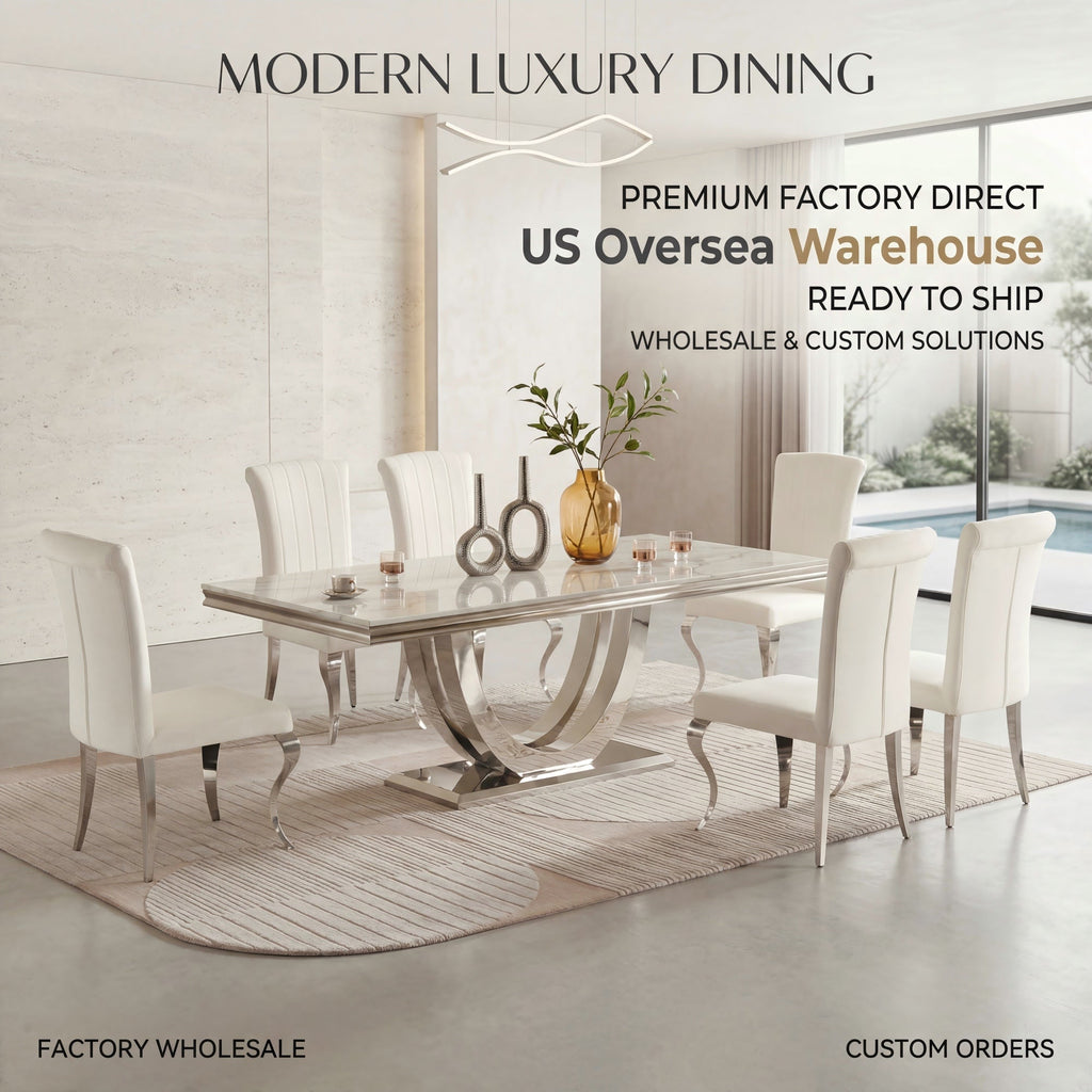Modern  Dining Table with  Marble Top & 201 Stainless Steel U-Base, Luxury 6-8 Seater Kitchen Table, Gold/Silver Mirror Finish