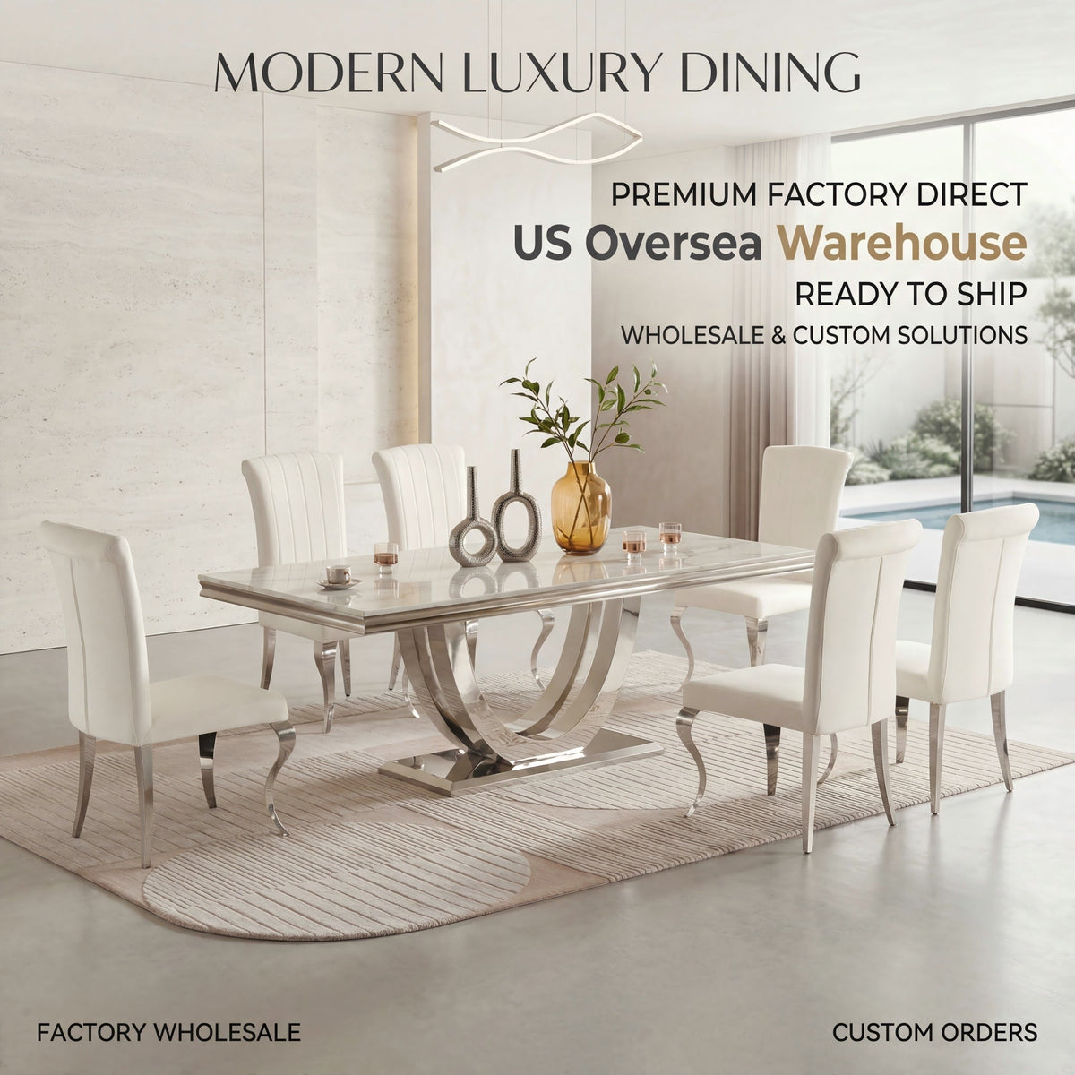 Modern  Dining Table with  Marble Top & 201 Stainless Steel U-Base, Luxury 6-8 Seater Kitchen Table, Gold/Silver Mirror Finish